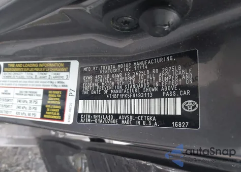 2015 Toyota Camry Xle z USA, uszkodzony, nr VIN 4T1BF1FK5FU493113